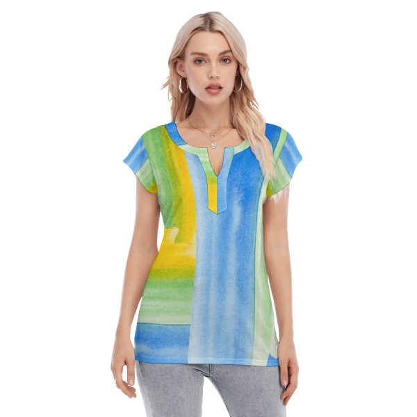 All-Over Print Women's Collarless Deep V-neck Short Sleeves Blouse