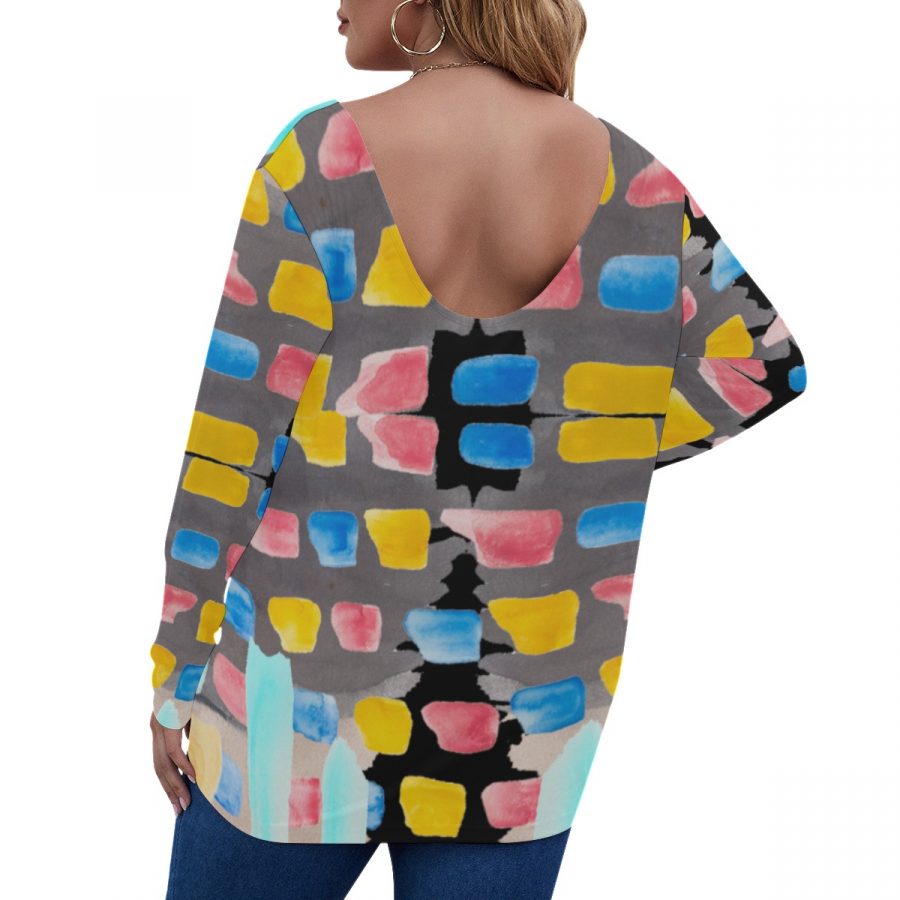 All-Over Print Women's V-neck Plus Draped Longline T-shirt With Long Sleeve (Plus Size) - Image 4