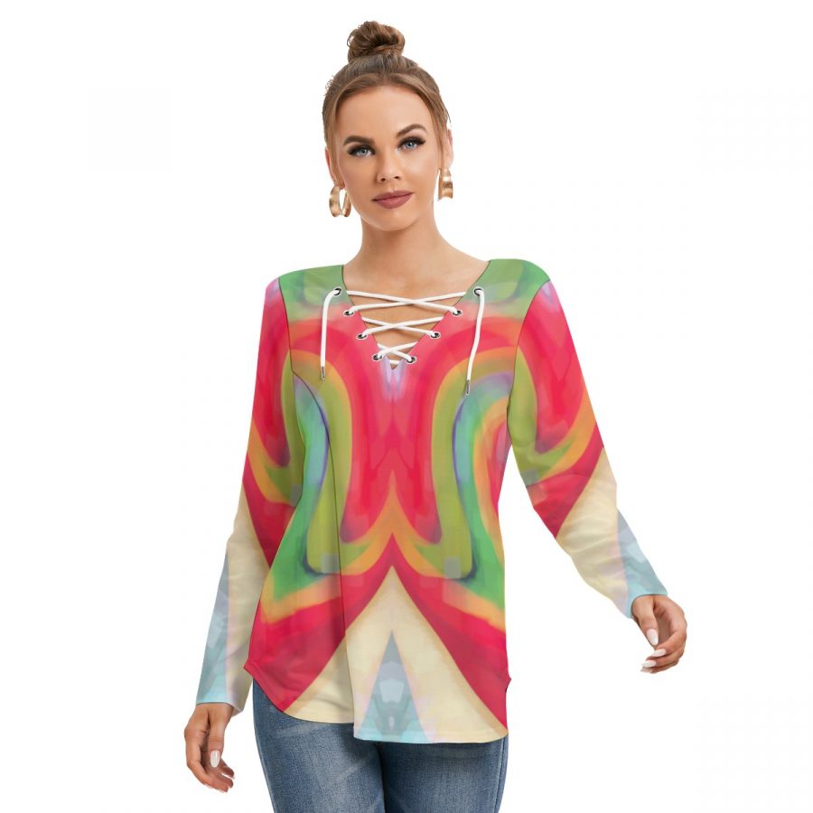 All-Over Print Women's Long Sleeve Neckline Tie Sweatshirt