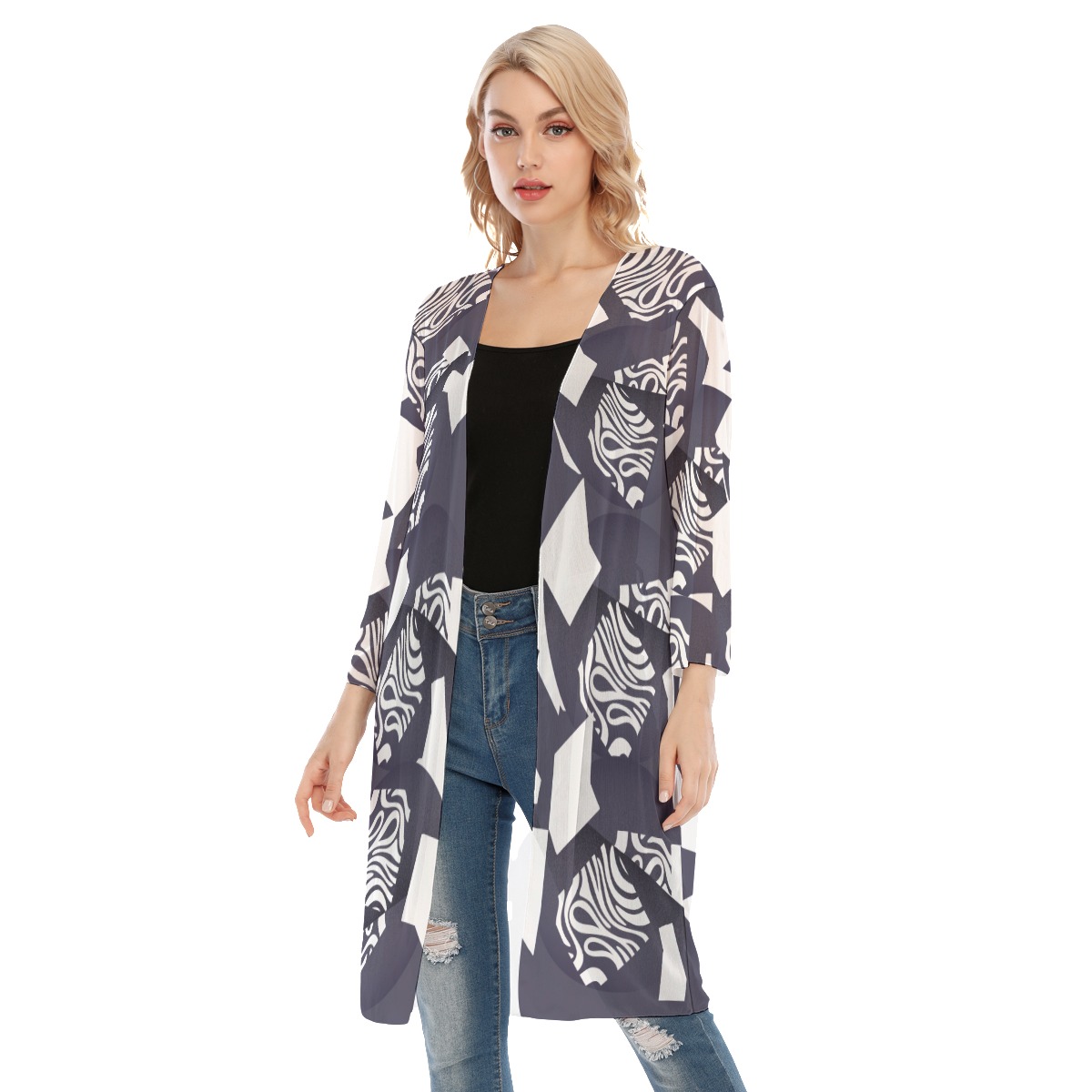 All-Over Print Women's V-neck Mesh Cardigan - Image 3