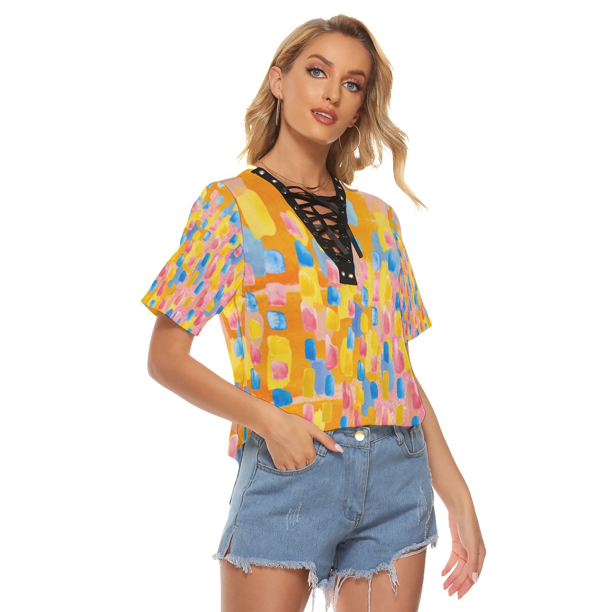 All-Over Print Women's V-neck Short-sleeved T-shirt With Webbing - Image 3