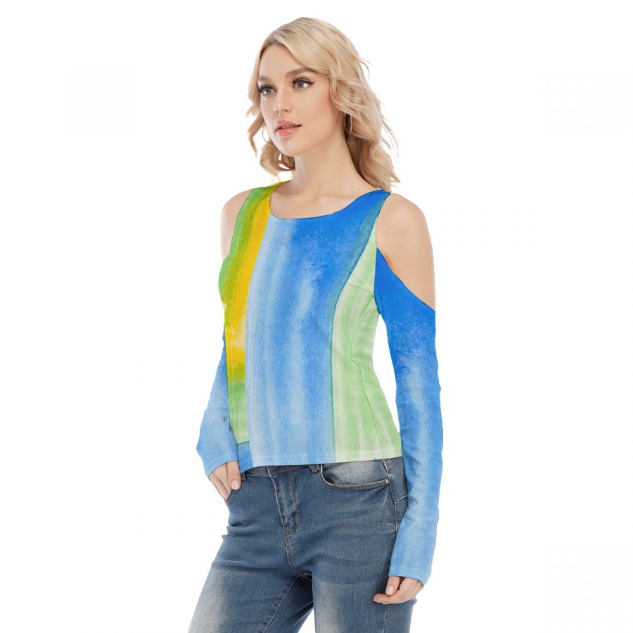 All-Over Print Women's Cold Shoulder Round Neck Long Sleeves Blouse - Image 3