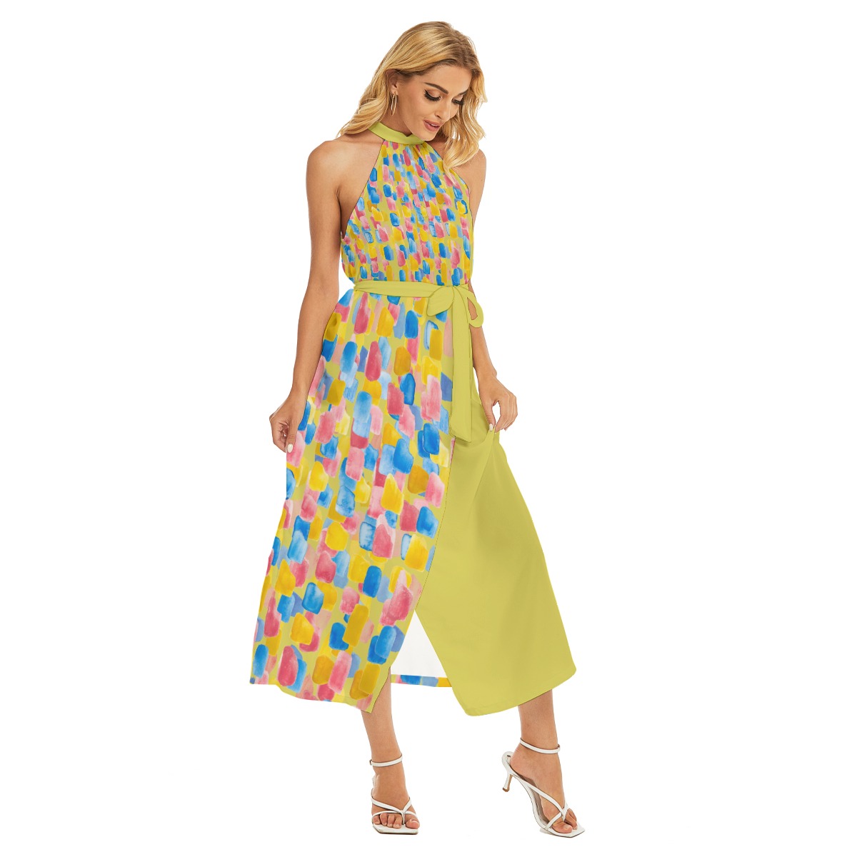 All-Over Print Women's Wrap Hem Belted Halter Dress - Image 2