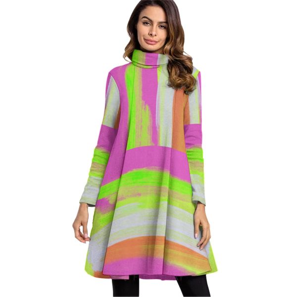 All-Over Print Women's High Neck Dress With Long Sleeve