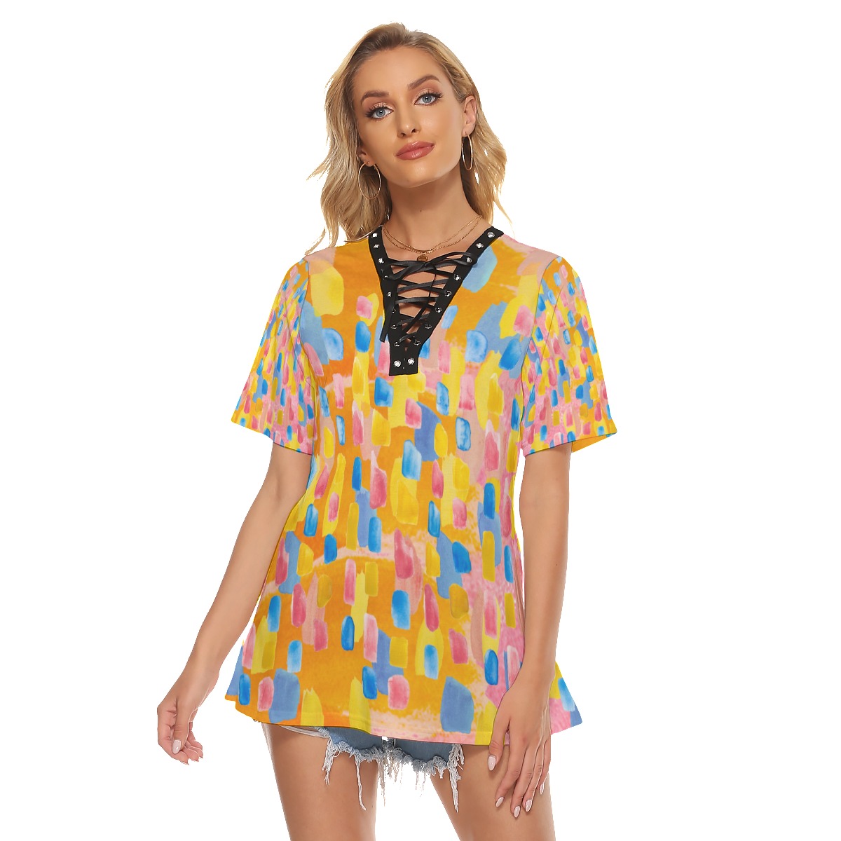 All-Over Print Women's V-neck Short-sleeved T-shirt With Webbing