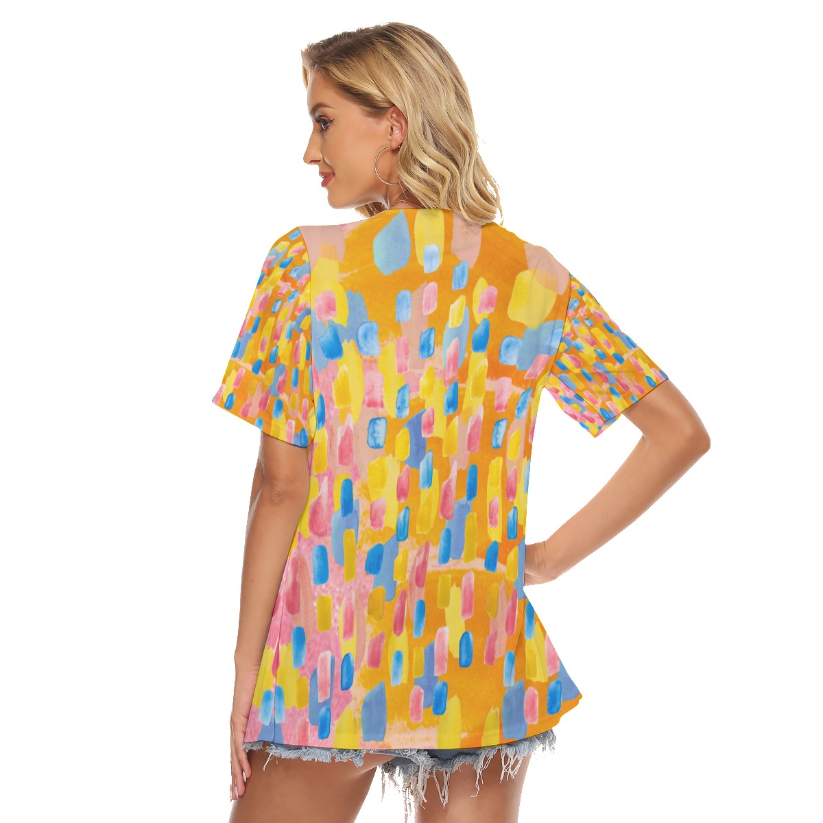 All-Over Print Women's V-neck Short-sleeved T-shirt With Webbing - Image 4