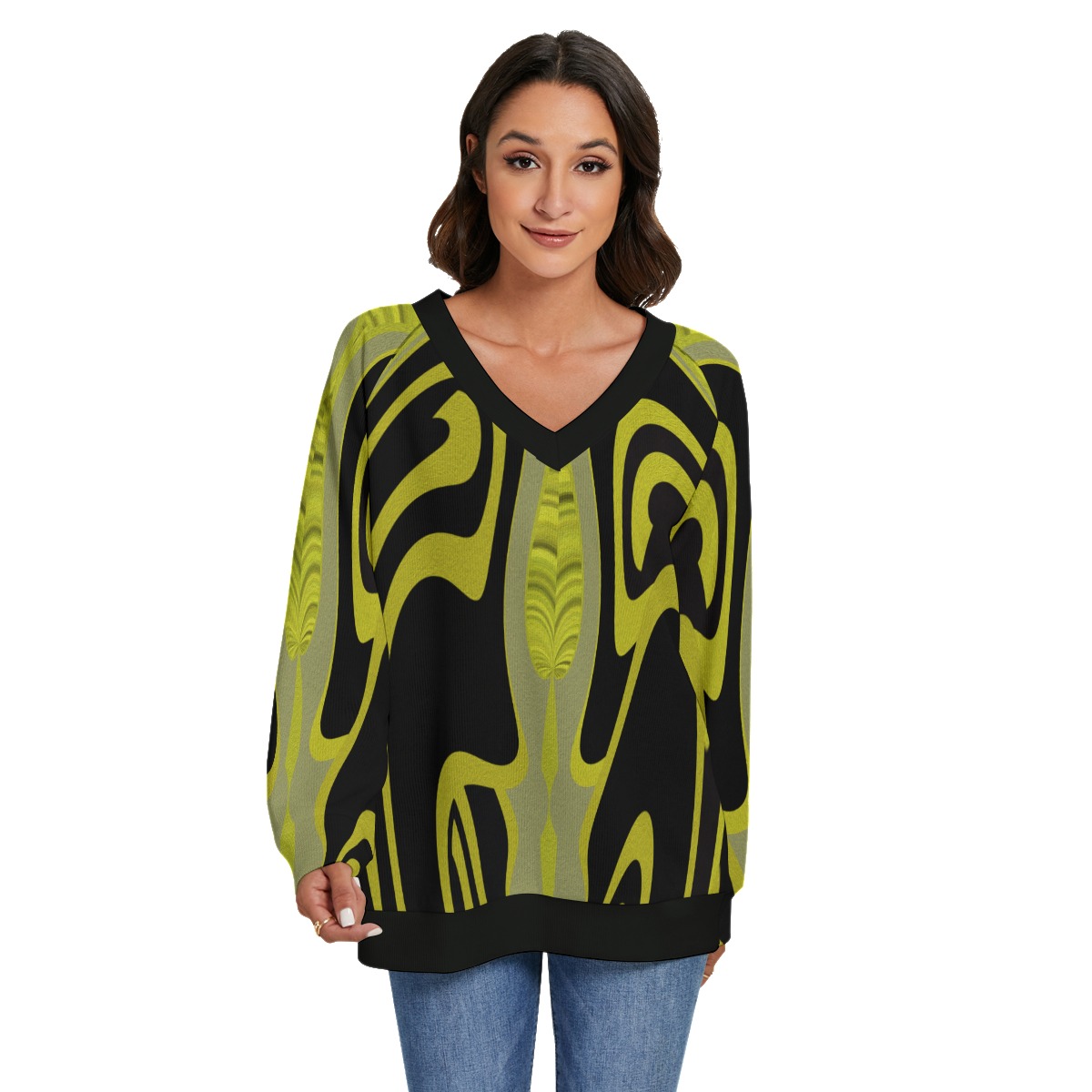 All-Over Print Women's V-neck Imitation Knitted Swteater With Long Sleeve