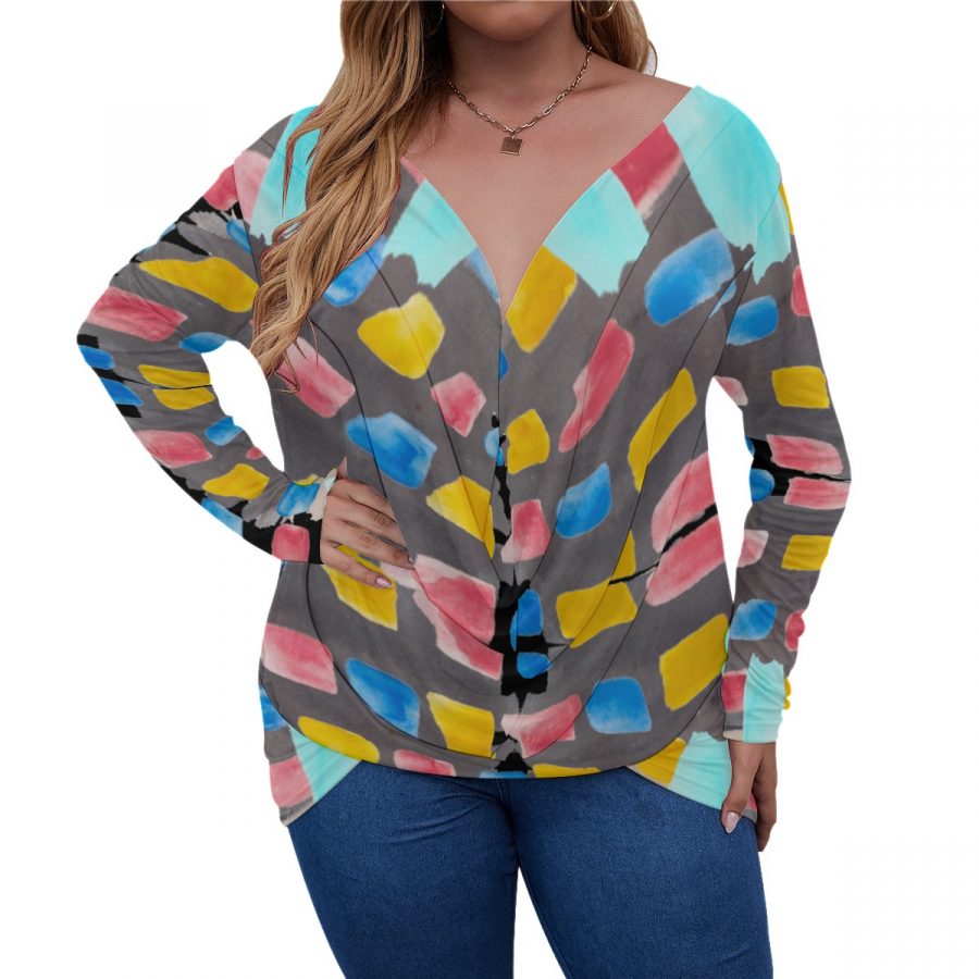 All-Over Print Women's V-neck Plus Draped Longline T-shirt With Long Sleeve (Plus Size) - Image 3