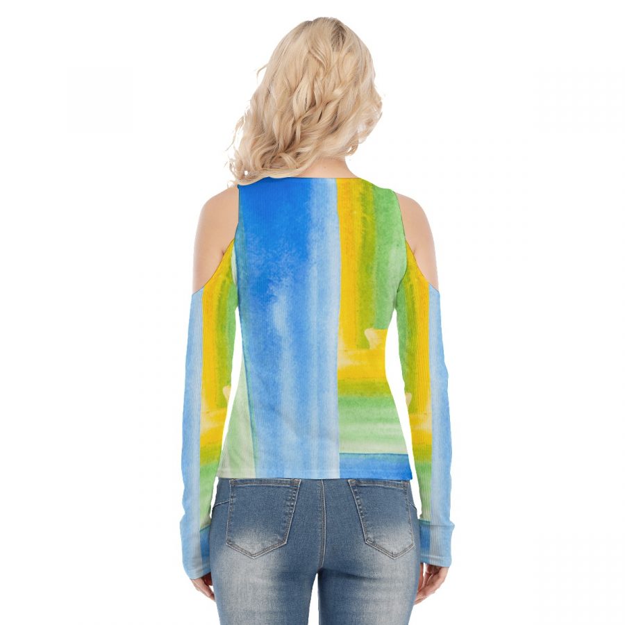 All-Over Print Women's Cold Shoulder Round Neck Long Sleeves Blouse - Image 4