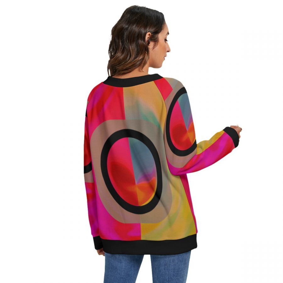 All-Over Print Women's V-neck Imitation Knitted Swteater With Long Sleeve - Image 4