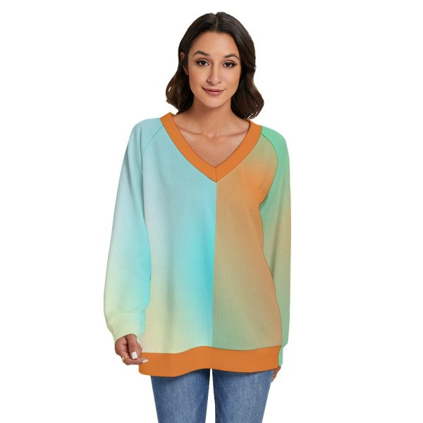 All-Over Print Women's V-neck Imitation Knitted Swteater With Long Sleeve