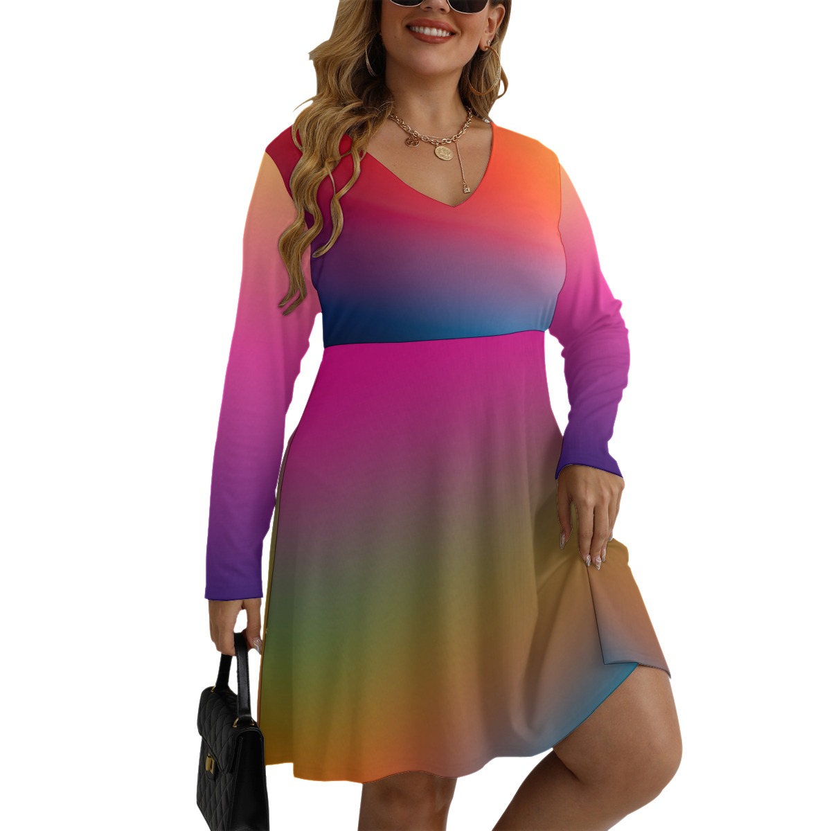 All-Over Print Women's V-neck Long Sleeve Dress(Plus Size)