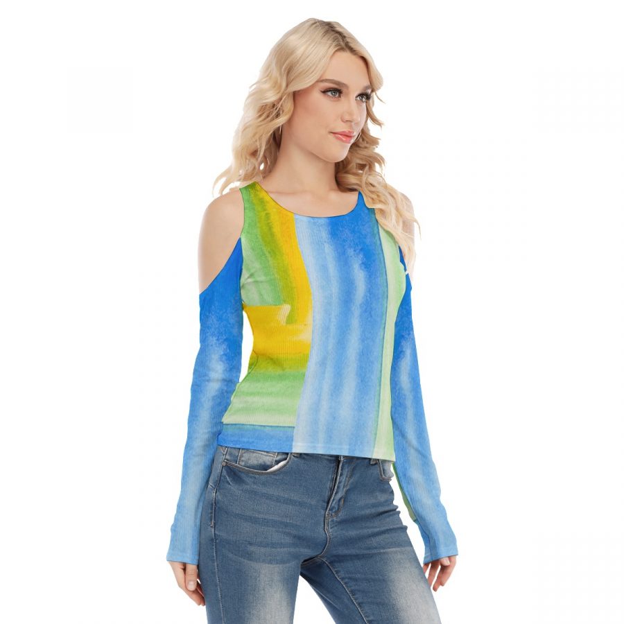 All-Over Print Women's Cold Shoulder Round Neck Long Sleeves Blouse - Image 2