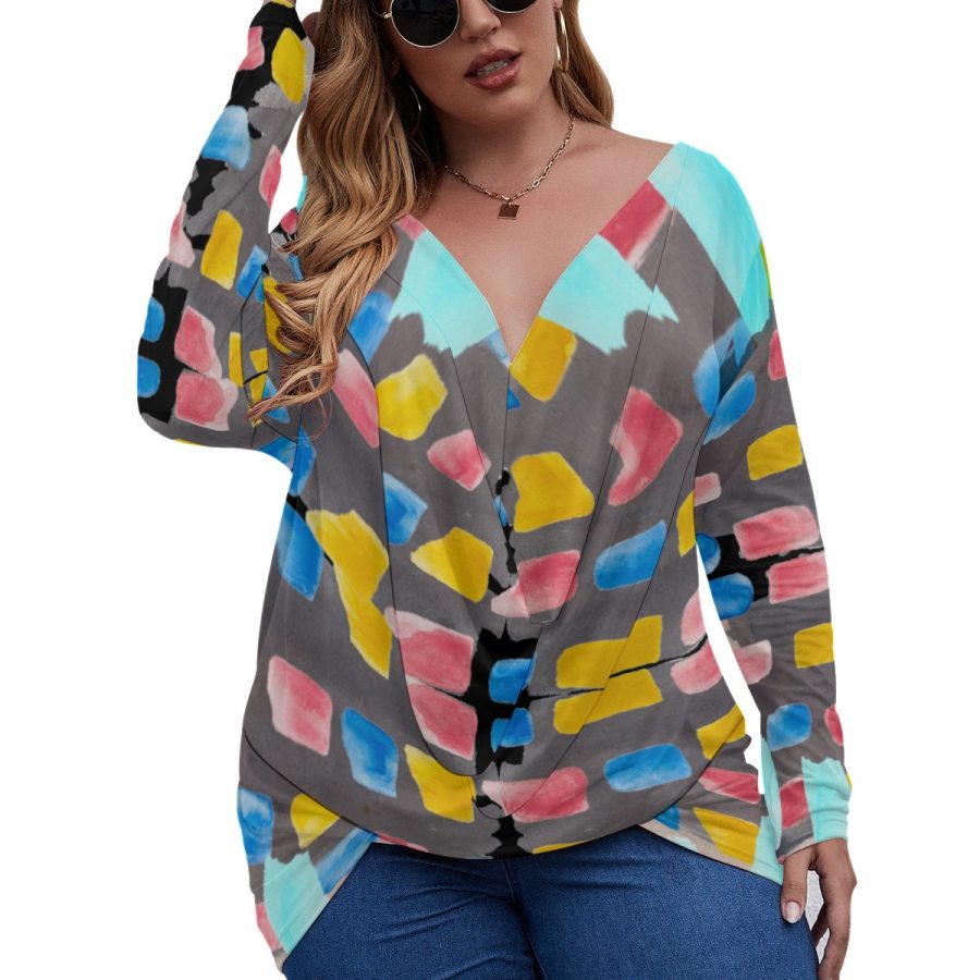 All-Over Print Women's V-neck Plus Draped Longline T-shirt With Long Sleeve (Plus Size) - Image 2