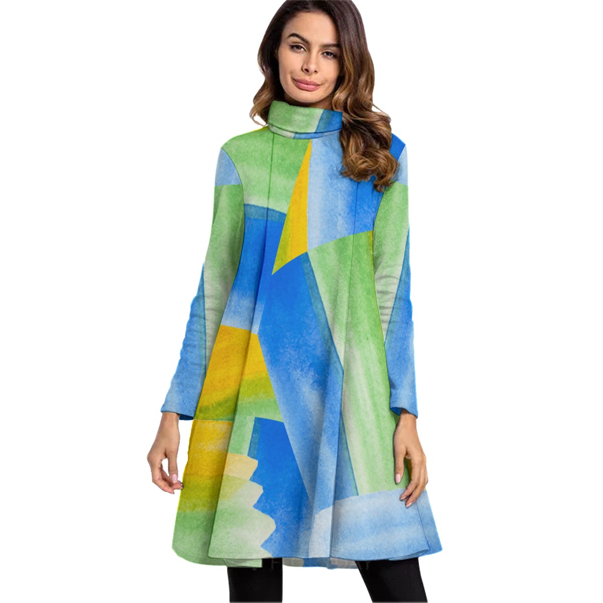 All-Over Print Women's High Neck Dress With Long Sleeve