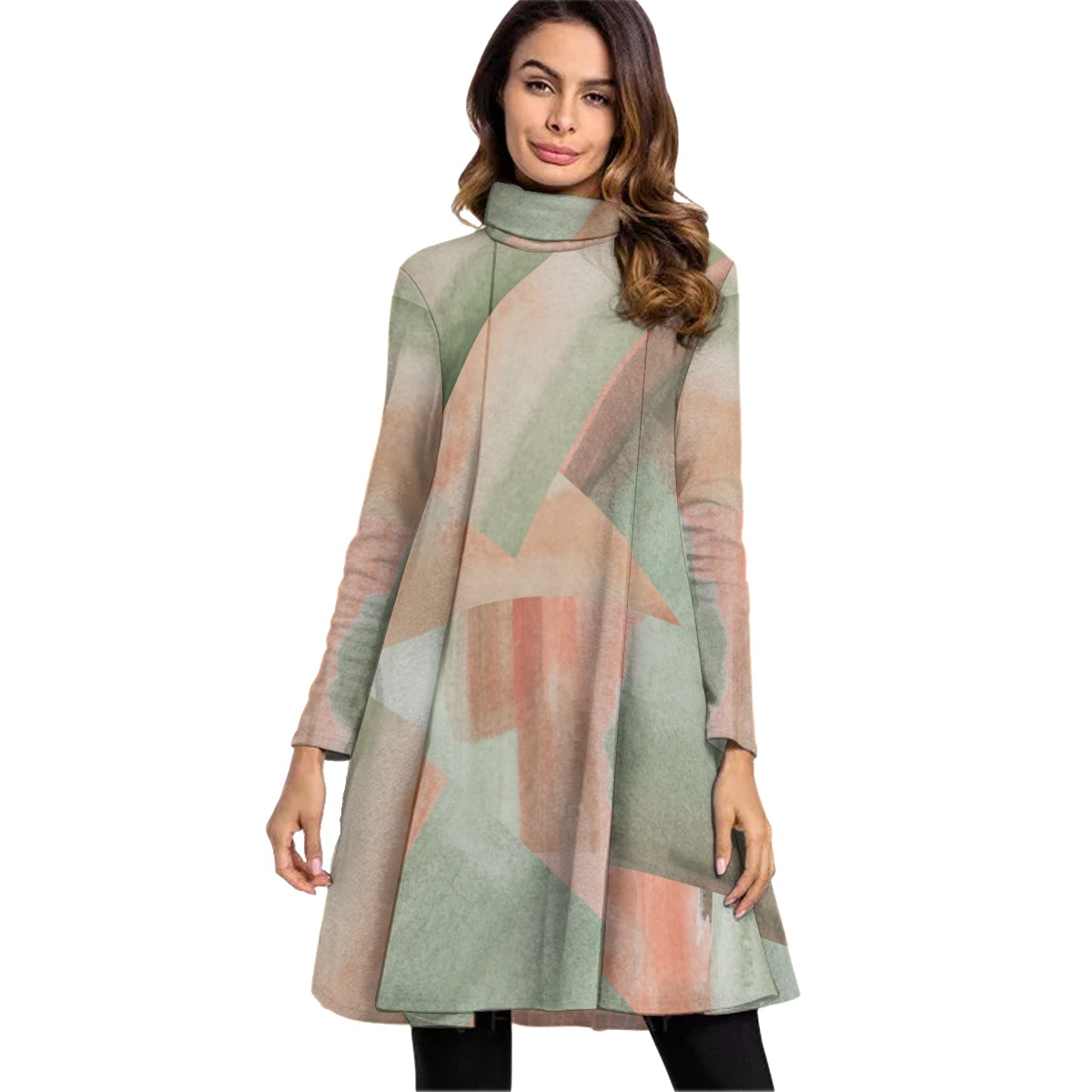 All-Over Print Women's High Neck Dress With Long Sleeve