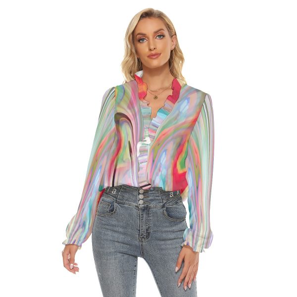 All-Over Print Women's Pleated Collar V-neck Shirt