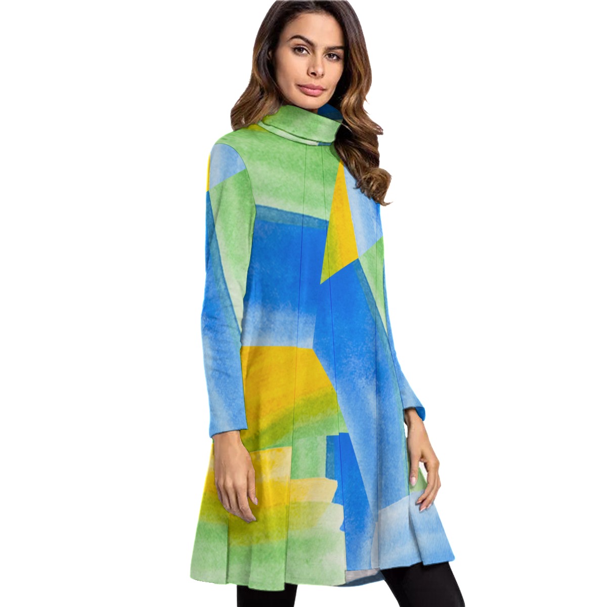 All-Over Print Women's High Neck Dress With Long Sleeve - Image 2