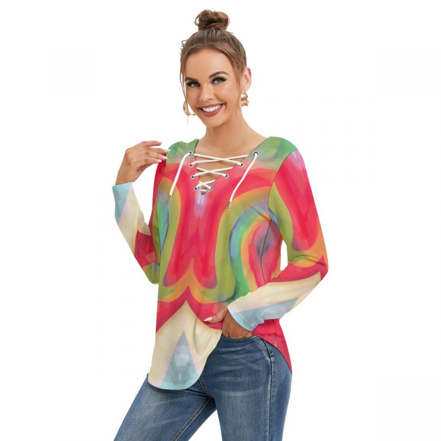 All-Over Print Women's Long Sleeve Neckline Tie Sweatshirt - Image 3