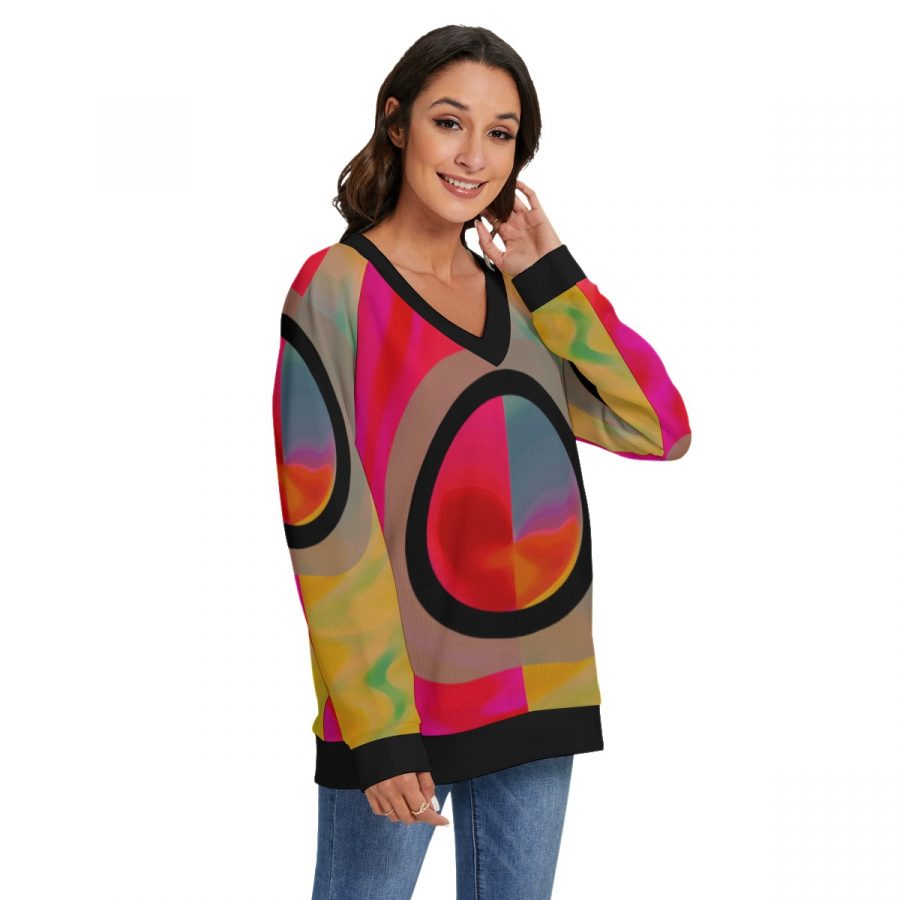 All-Over Print Women's V-neck Imitation Knitted Swteater With Long Sleeve - Image 2