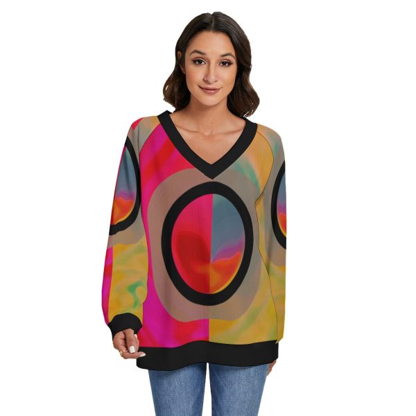All-Over Print Women's V-neck Imitation Knitted Swteater With Long Sleeve