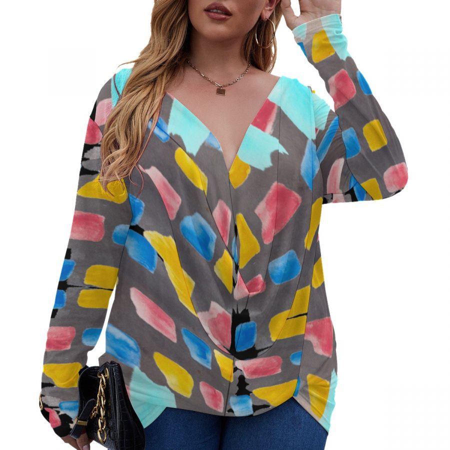 All-Over Print Women's V-neck Plus Draped Longline T-shirt With Long Sleeve (Plus Size)