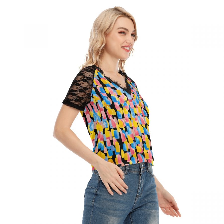 All-Over Print Women's V-neck T-shirt With Lace - Image 2