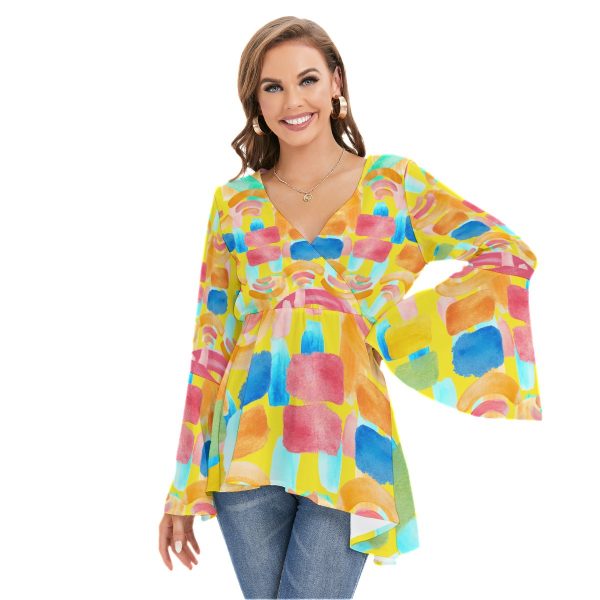 All-Over Print Women's V-neck Blouse With Flared Sleeves