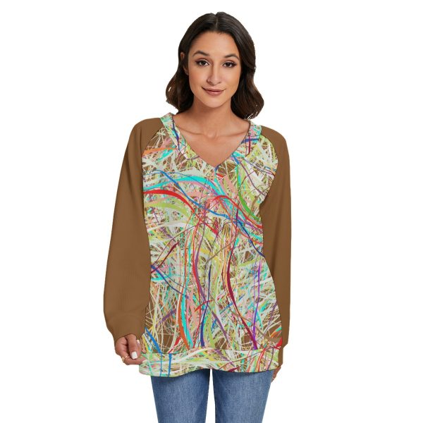 All-Over Print Women's V-neck Imitation Knitted Swteater With Long Sleeve