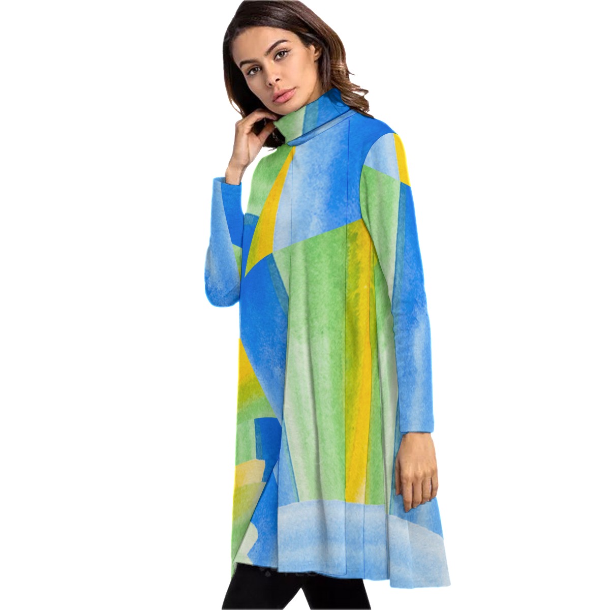 All-Over Print Women's High Neck Dress With Long Sleeve - Image 3