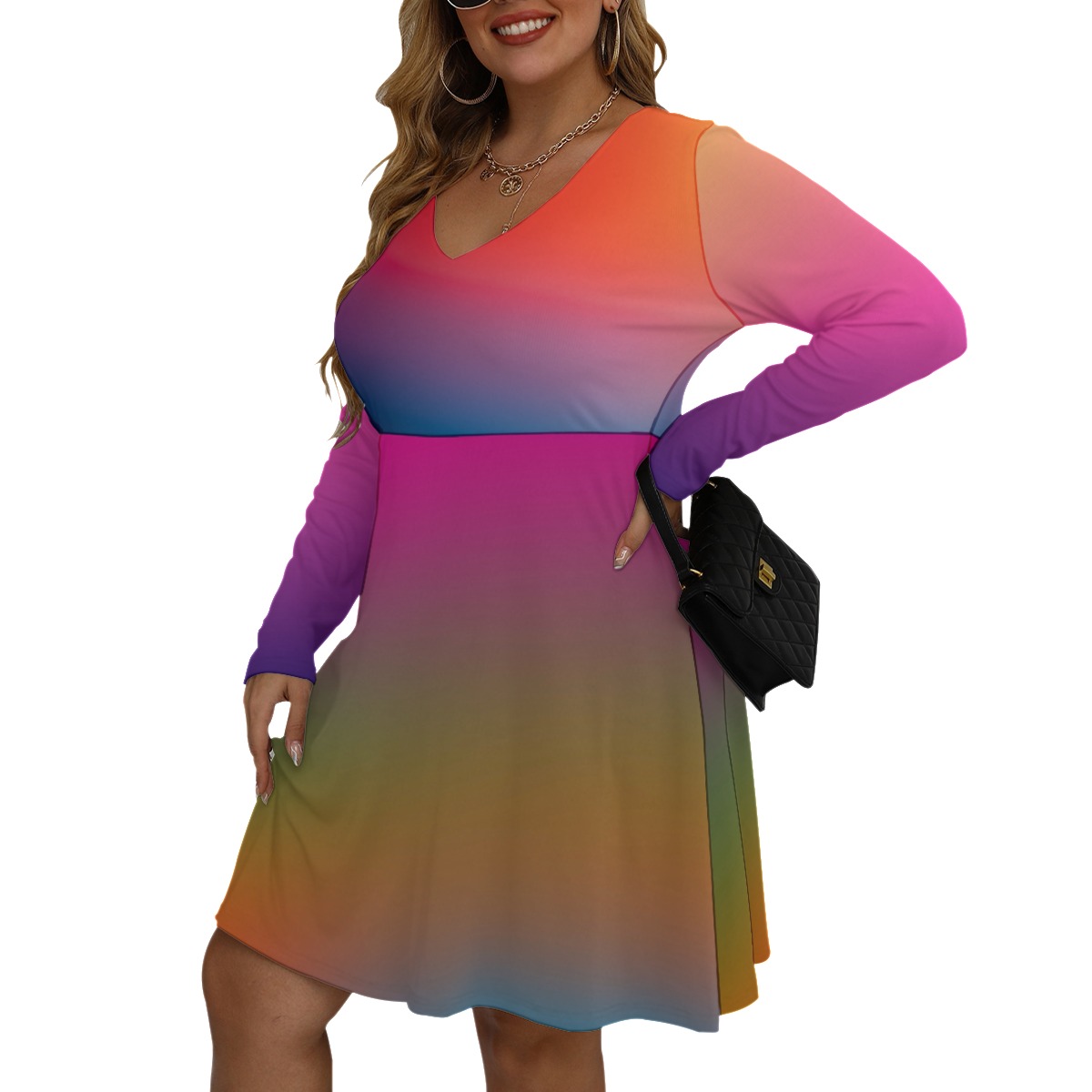 All-Over Print Women's V-neck Long Sleeve Dress(Plus Size) - Image 3