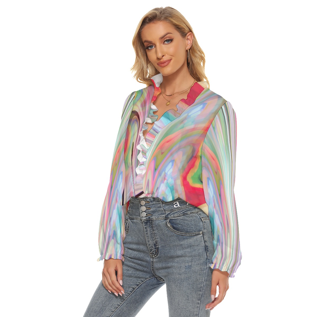 All-Over Print Women's Pleated Collar V-neck Shirt - Image 2