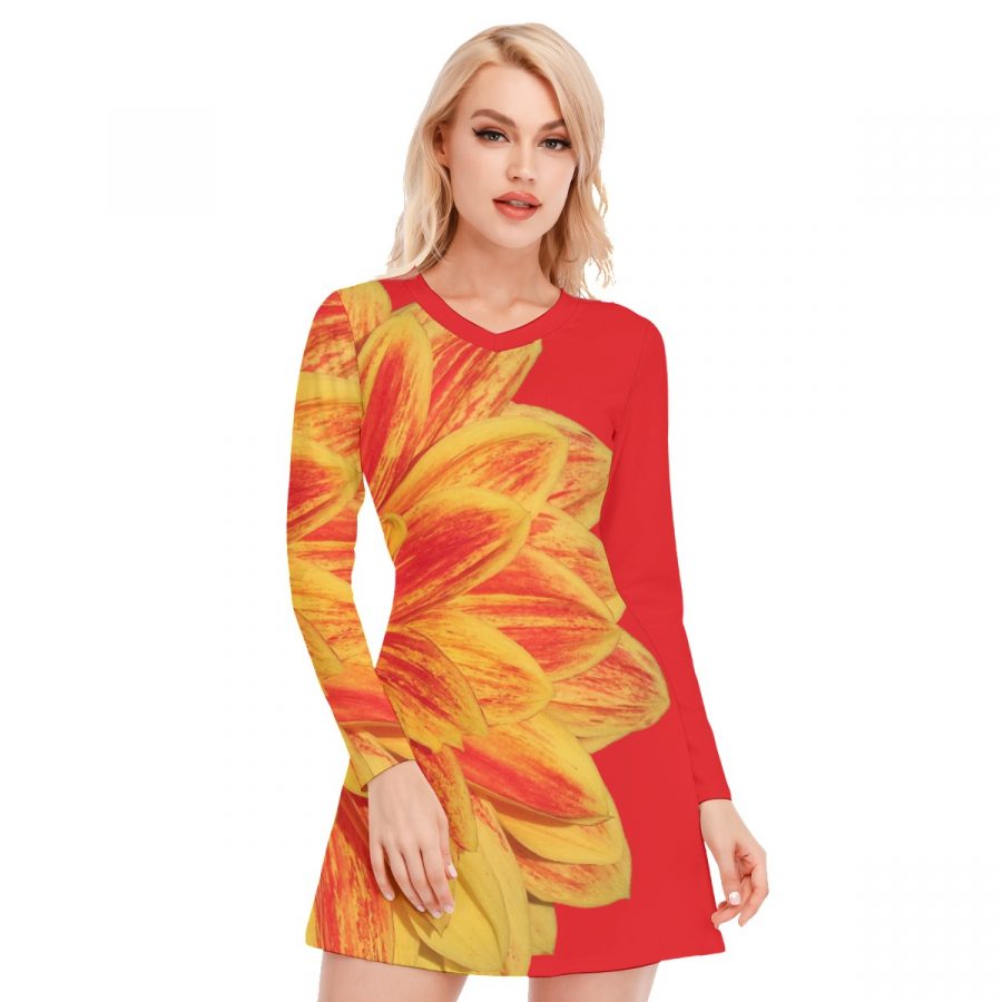 All-Over Print Women's V-neck Long Sleeve Dress - Image 2