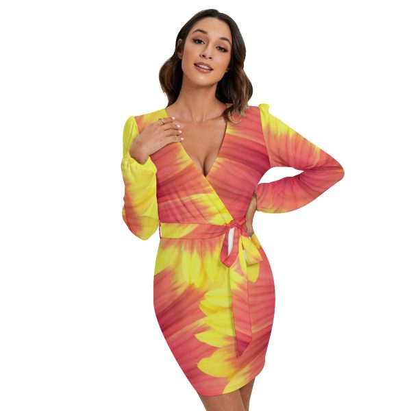 All-Over Print Women's Long Sleeve Dress With Waist Belt