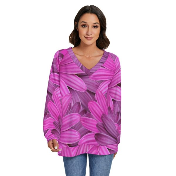All-Over Print Women's V-neck Imitation Knitted Sweater With Long Sleeve