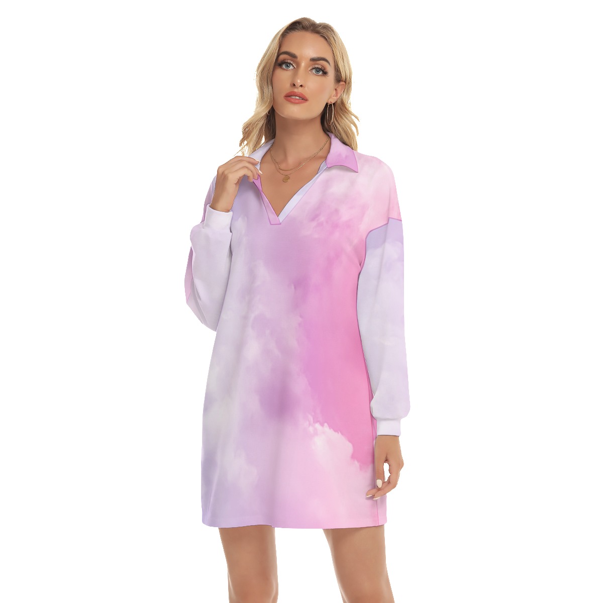 All-Over Print Women's Shallow V-Neck Drop-Shoulder Long Sleeves Blouse