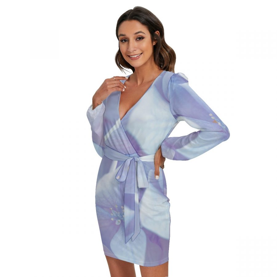 All-Over Print Women's Long Sleeve Dress With Waist Belt - Image 3