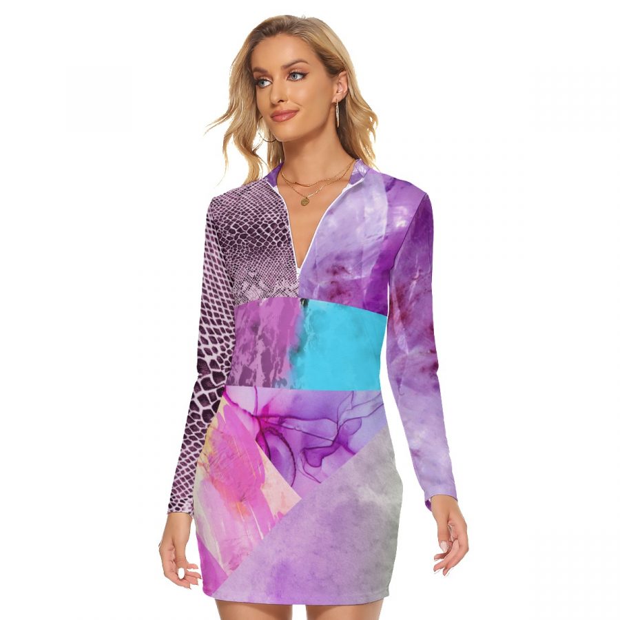 All-Over Print Women's Zip Front Tight Dress