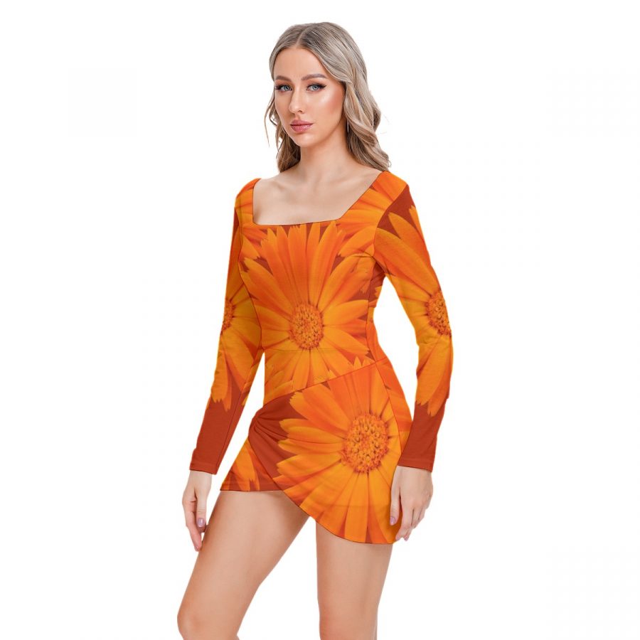 All-Over Print Women’s Square Collar Dress With Long Sleeve - Image 3