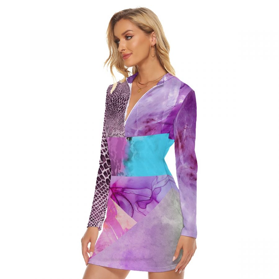 All-Over Print Women's Zip Front Tight Dress - Image 3