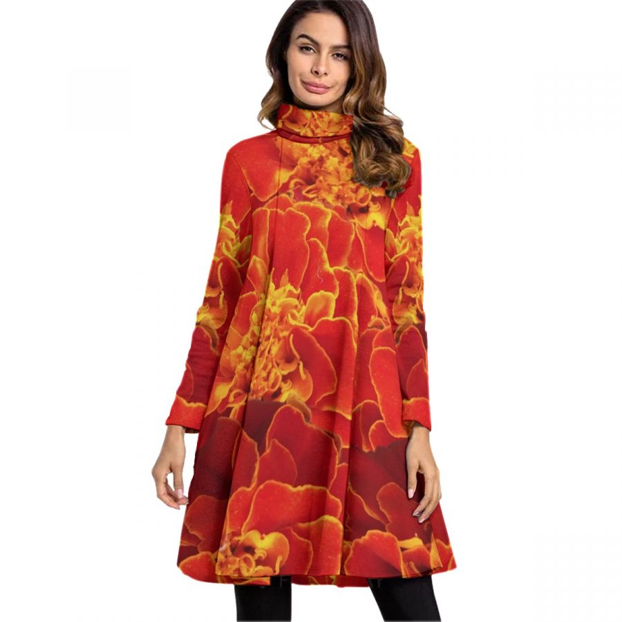 All-Over Print Women's High Neck Dress With Long Sleeve