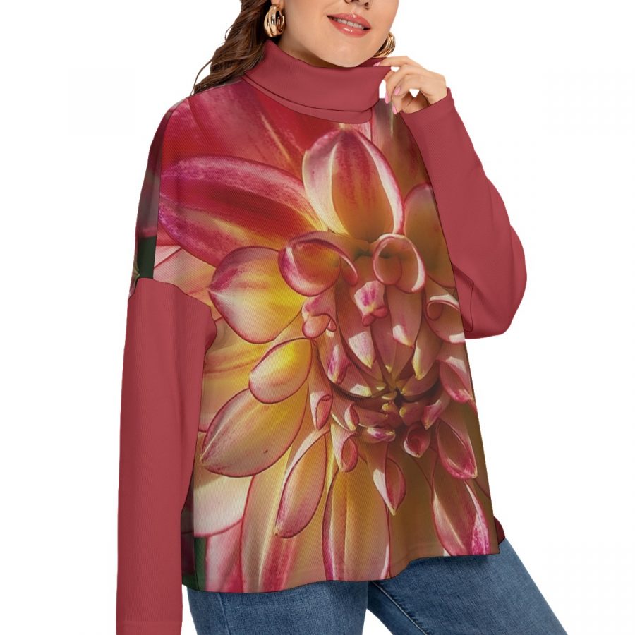 All-Over Print Women's Turtleneck Imitation Knitted Sweater (Plus Size) - Image 2