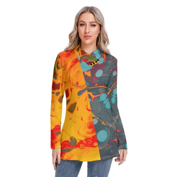 All-Over Print Women's Long-sleeved Heap-neck Slim Casual Tunic Blouse
