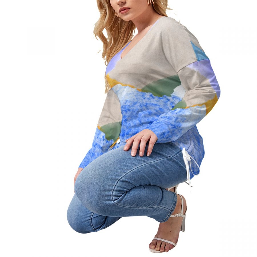 All-Over Print Women’s V-neck T-shirt With Side Drawstring(Plus Size) - Image 3