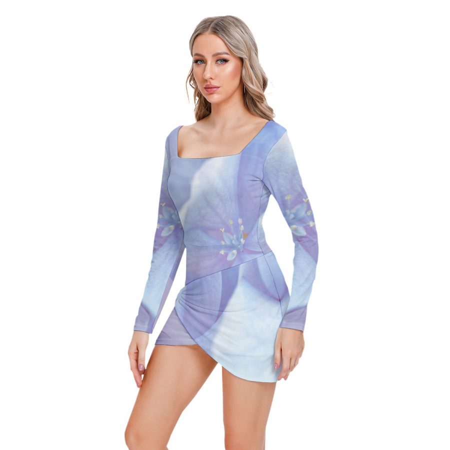All-Over Print Women’s Square Collar Dress With Long Sleeve - Image 3
