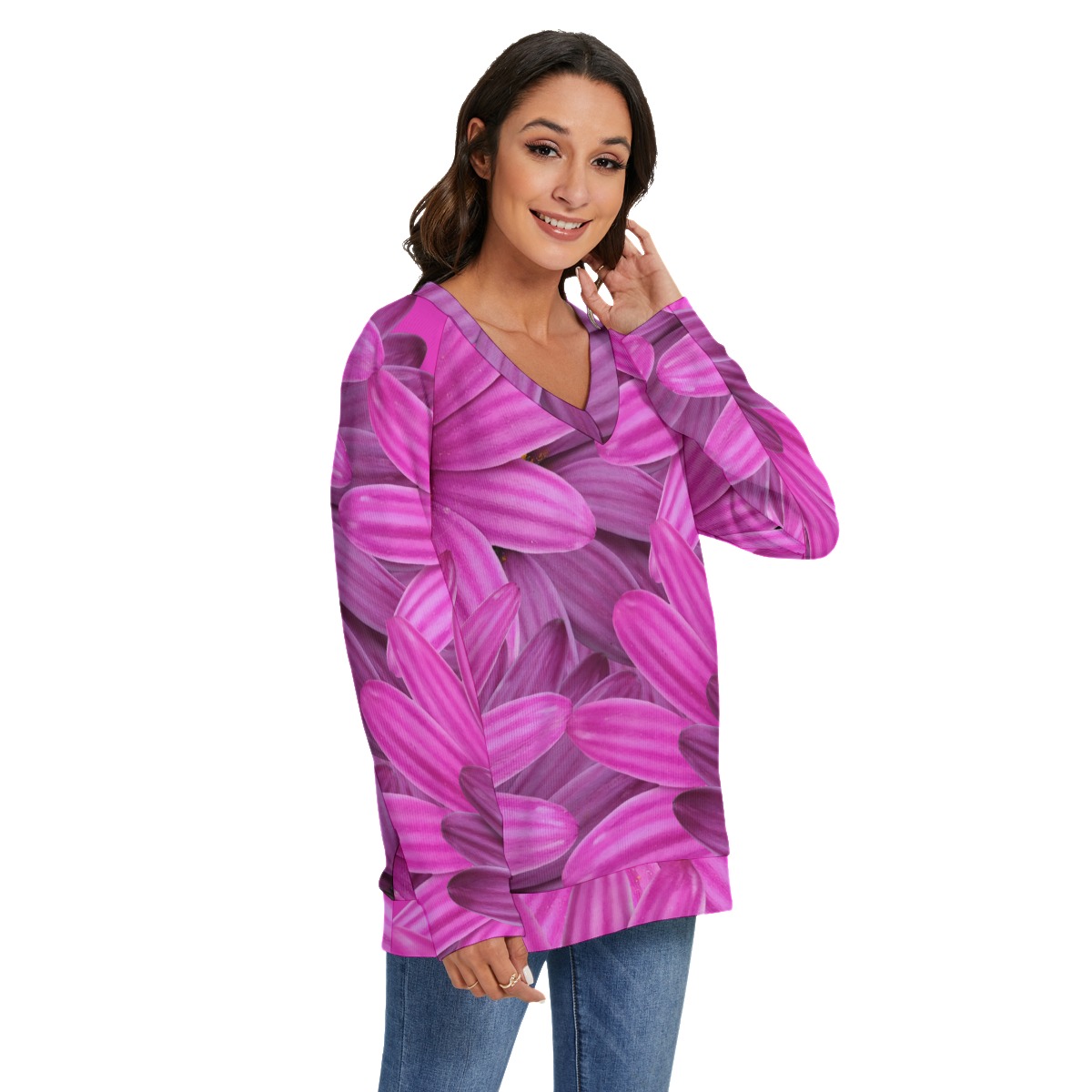All-Over Print Women's V-neck Imitation Knitted Sweater With Long Sleeve - Image 2