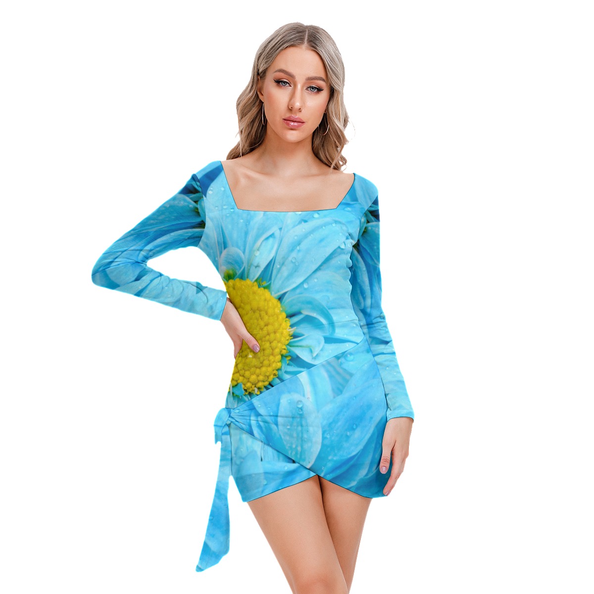 All-Over Print Women’s Square Collar Dress With Long Sleeve