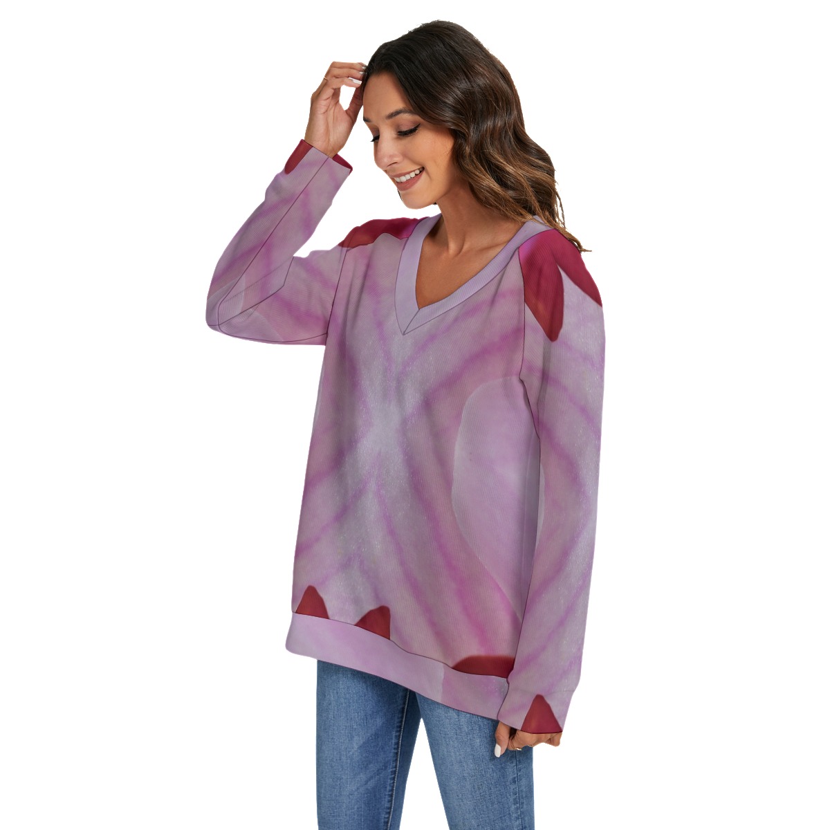 All-Over Print Women's V-neck Imitation Knitted Swteater With Long Sleeve - Image 3