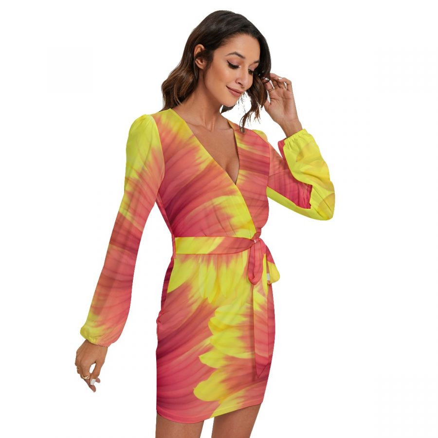 All-Over Print Women's Long Sleeve Dress With Waist Belt - Image 2