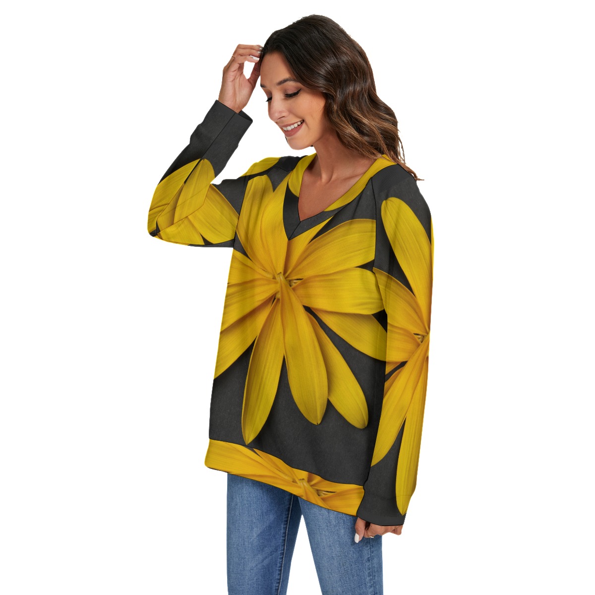 All-Over Print Women's V-neck Imitation Knitted Swteater With Long Sleeve - Image 3